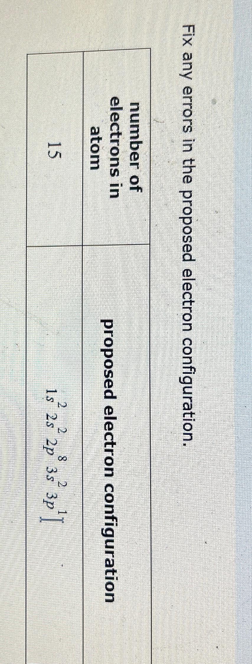  Fix any errors in the proposed electron configuration. \table[[\table[[number of],[electrons in],[atom]],proposed