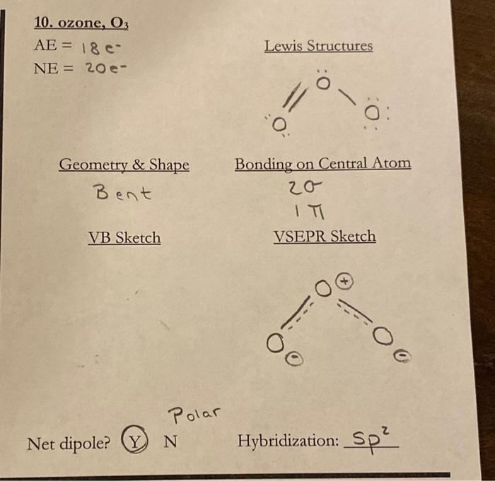 VB Structure for O3 10. ozone, O3 AE=18e Lewis Structures NE=20e Geometry
