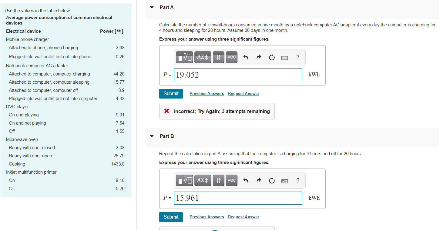  Part A Use the values in the table below. Average power