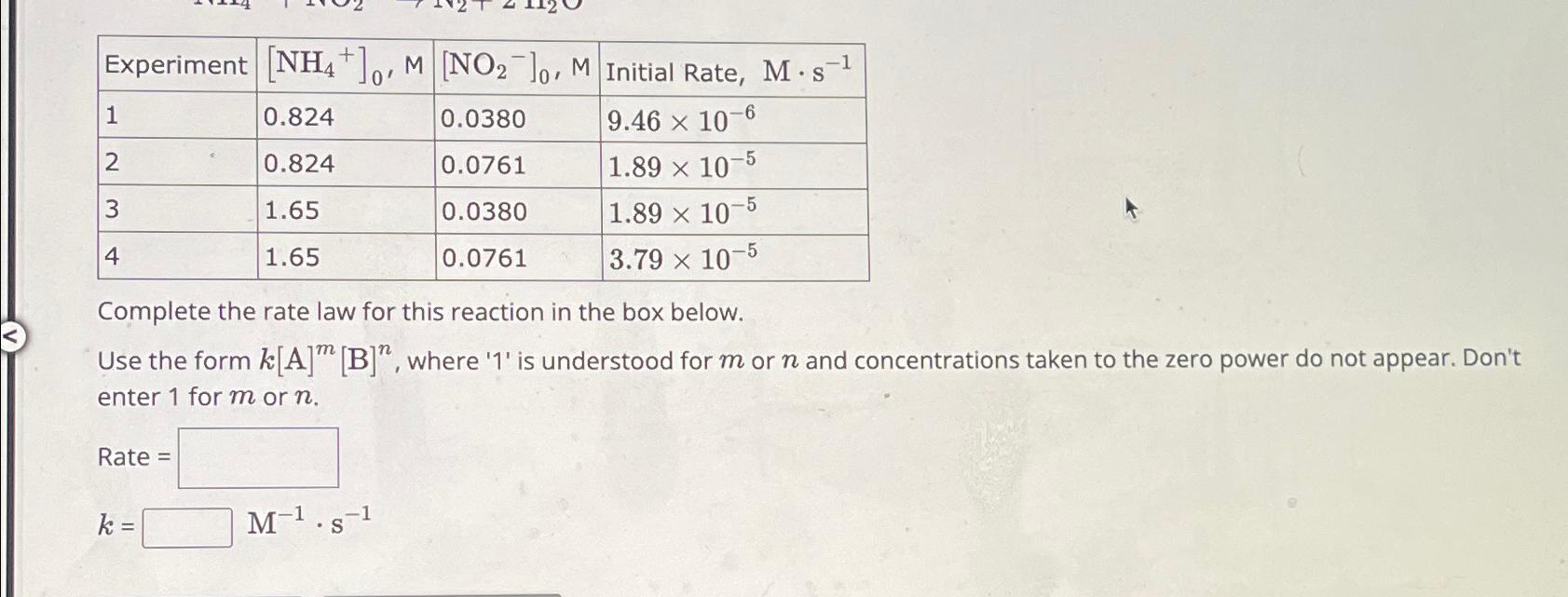  \table[[Experiment,[NH4+]0,M,[NO2-]0,M,Initial Rate, M*s-1 