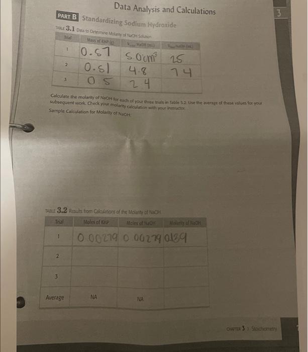  Data Analysis and Calculations PART B Standardizing Sodium Hydroxide 3 LE