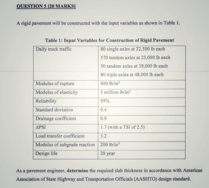  QUESTION 5 [20 MARKSI A rigid pavement will be constructed with