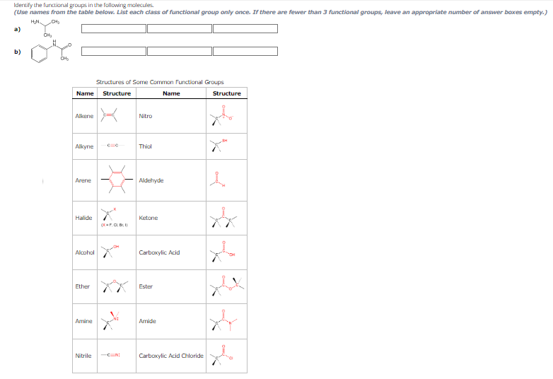  Idemtify the functional groups in the following molecules. d) b) Structures