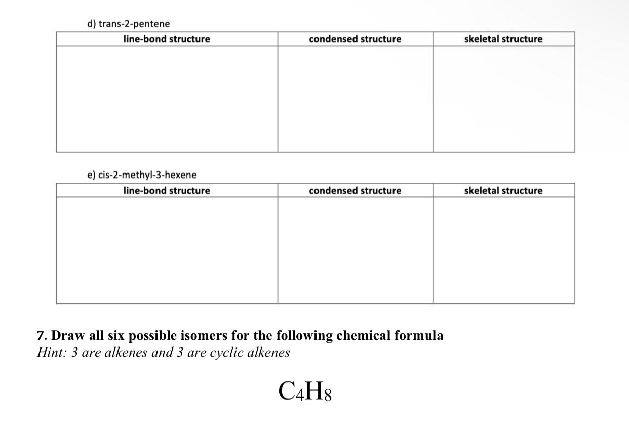  d) trans-2-pentene \table[[line-bond structure,condensed structure,skeletal structure],[,,],[,,]] e) cis-2-methyl-3-hexene \table[[line-bond structure,condensed structure,skeletal