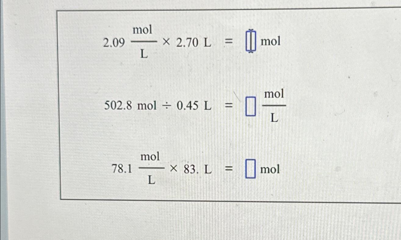  2.09molL2.70L= 502.8mol0.45L= 78.1molL83L= 