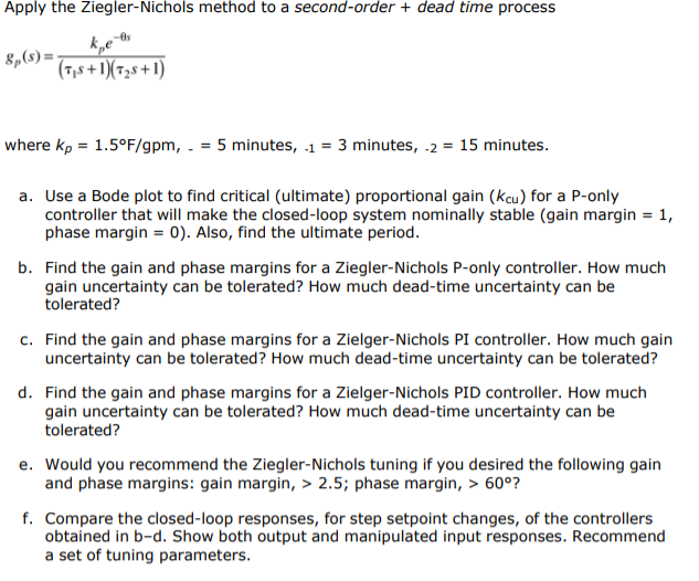 Apply the Ziegler-Nichols method to a second-order + dead time process