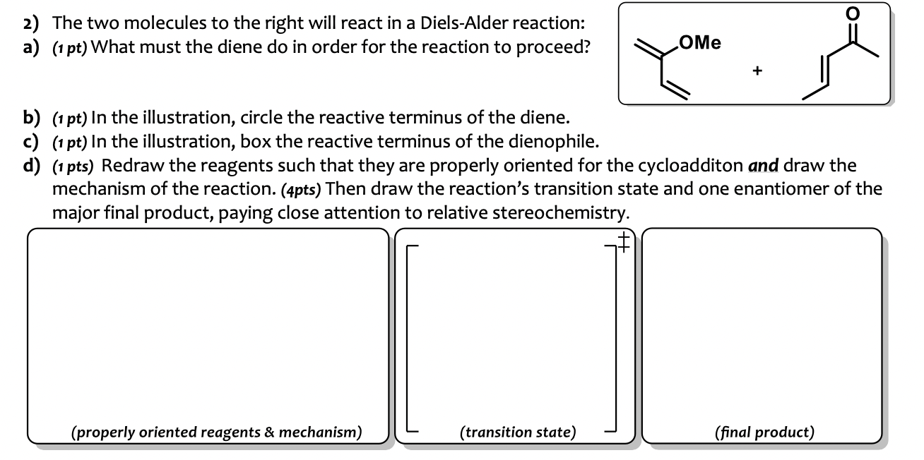 Please solve d) 2) The two molecules to the right will react