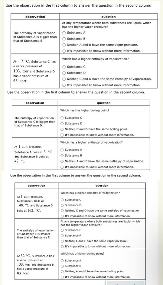  Use the observation in the first column to answer the question