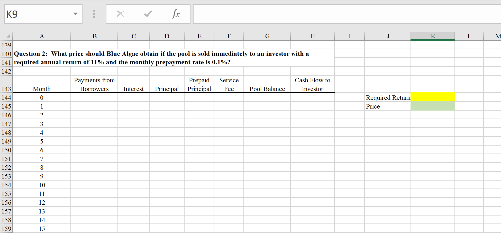  K9 x fx I J K L M Required Return Price