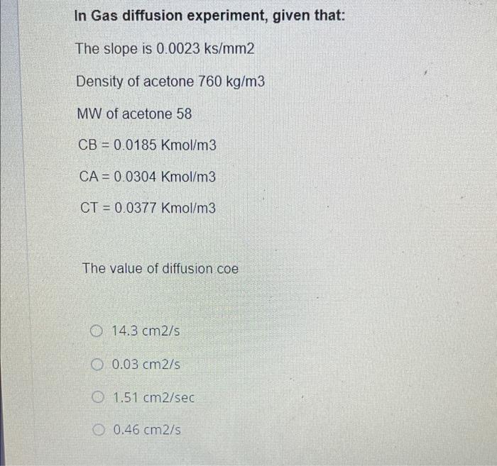  In Gas diffusion experiment, given that: The slope is 0.0023 ks/mm2