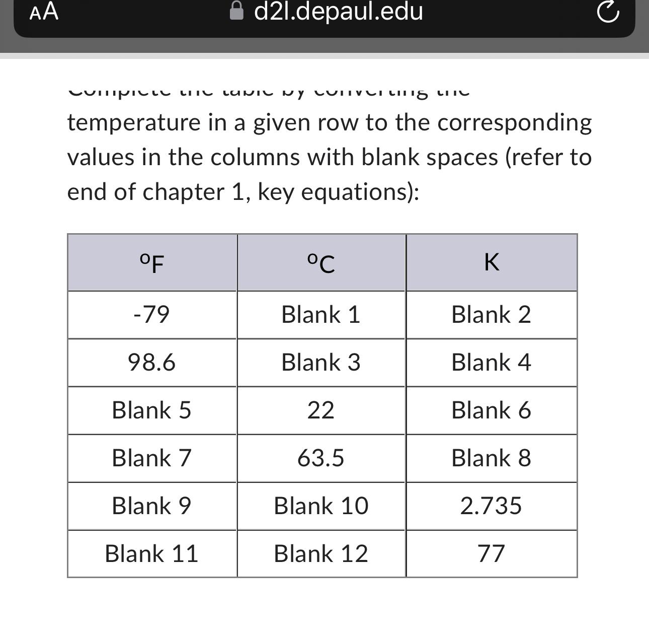  AA d2l.depaul.edu temperature in a given row to the corresponding values