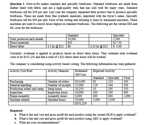  Question 1. Stow-n-Go makes standard and specialty briefcases. Standard briefcases are