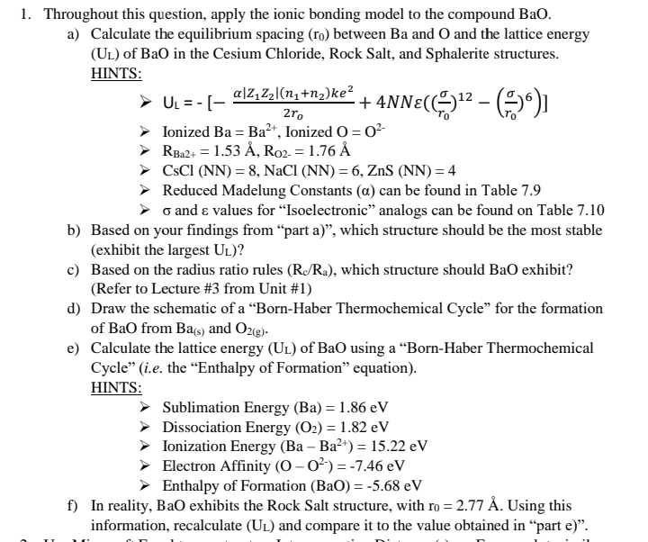  ans all pls Throughout this question, apply the ionic bonding model
