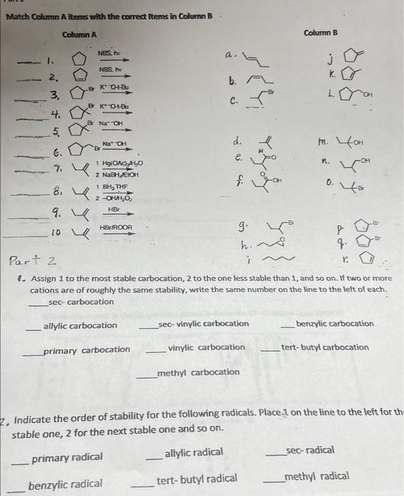 help Match Column A items with the correct Rems in Column B
