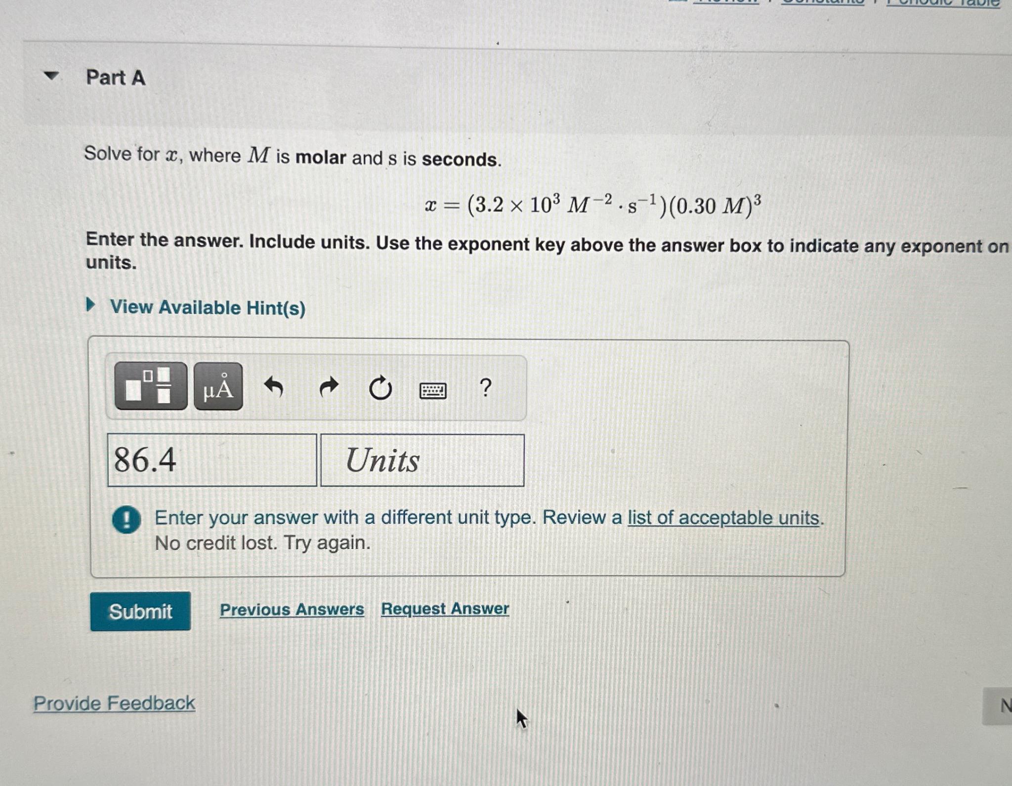  Part A Solve for x, where M is molar and s