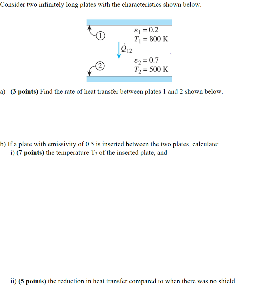 Consider two infinitely long plates with the characteristics shown below. a)