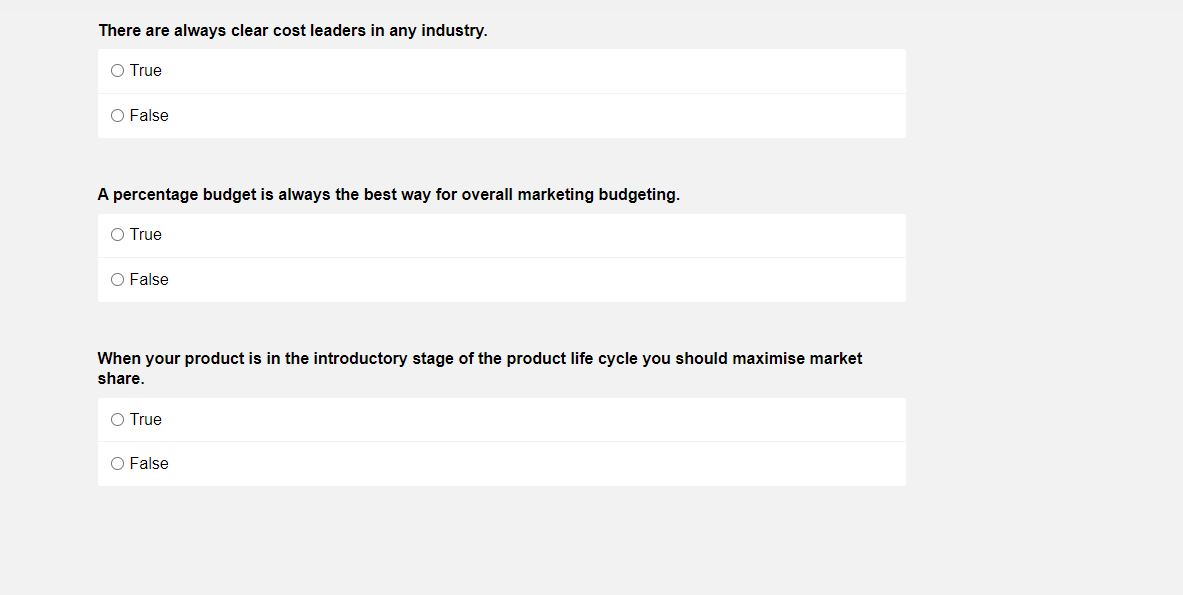 True O False Fast home delivery creates a sustainable competitive advantage 0