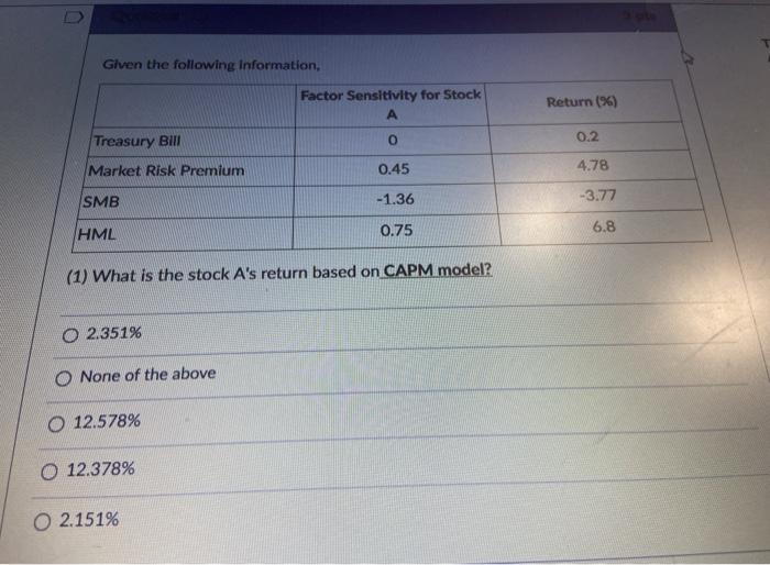  Given the following Information, Factor Sensitivity for Stock A Return (%)