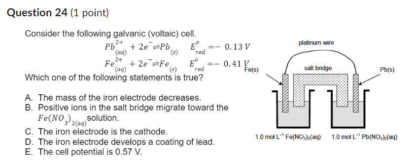  Question 24(1 point) Consider the following galvanic (voltaic) cell. Pb(aq)2++2e-Pb,Eredo=-0.13V Fe(aq)2++2e-Fe(s),Eredo=-0.41VFe(s)
