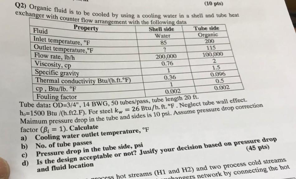  Q2) Organic fluid is to be cooled by using a cooling