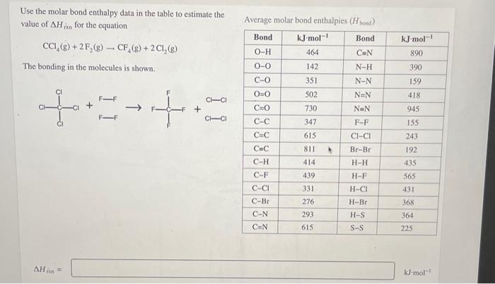 please help Use the molar bond enthalpy data in the table to