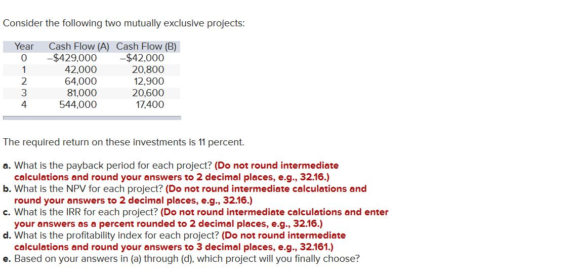 Consider the following two mutually exclusive projects: Year ONM Cash Flow