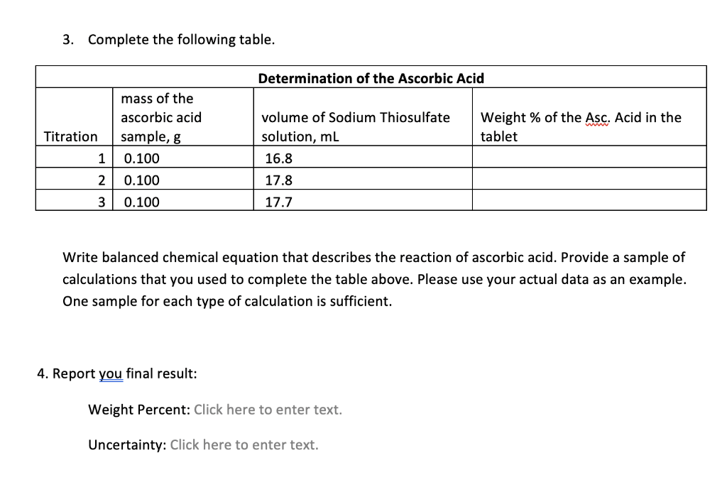 3. Complete the following table. Write balanced chemical equation that describes