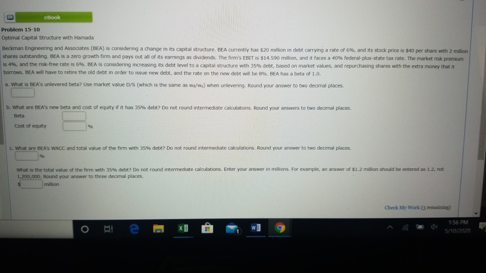 eBook Problem 15-10 Optimal Capital Structure with Hamada Beckman Engineering and