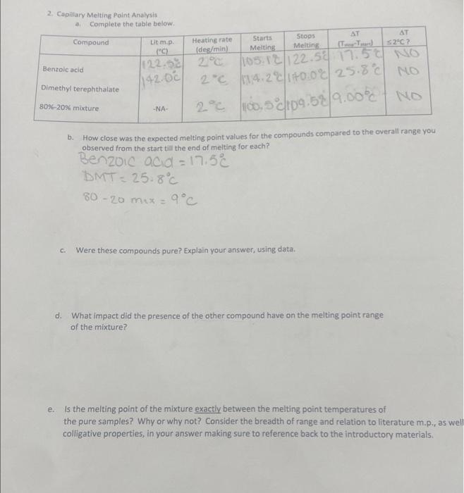 please use table to answer questions . please help 2. Capillary Melting