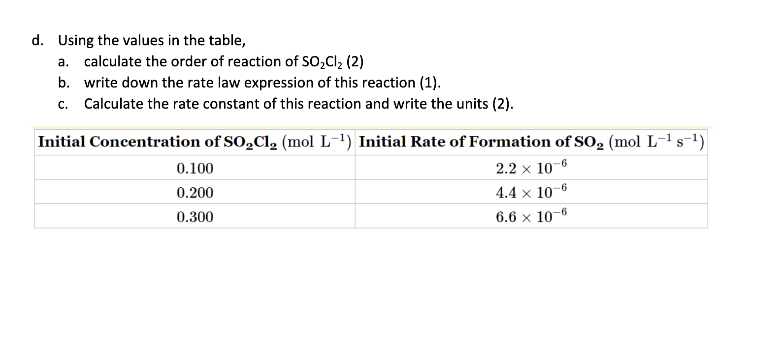  d. Using the values in the table, a. calculate the order