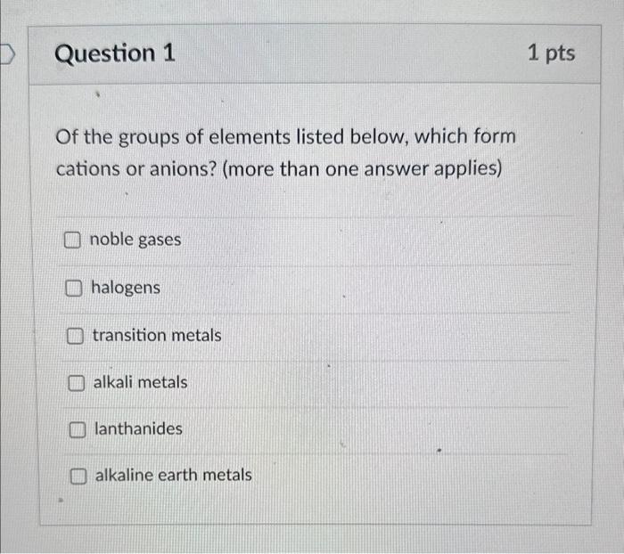  Of the groups of elements listed below, which form cations or