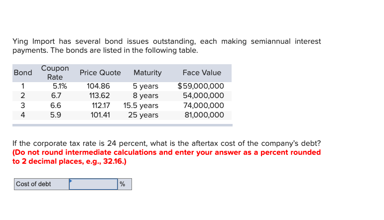 Ying Import has several bond issues outstanding, each making semiannual interest payments.