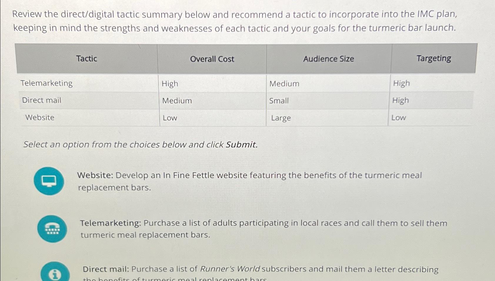  Review the direct/digital tactic summary below and recommend a tactic to