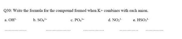  Write the formula for the compound formed when K+ combines with