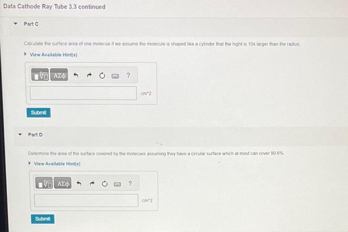  Data Cathode Ray Tube 3.3 continued Part C Calculale the surtace