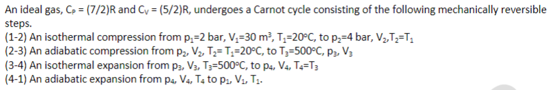 Find the work obtained from this cycle, and all intermediate properties