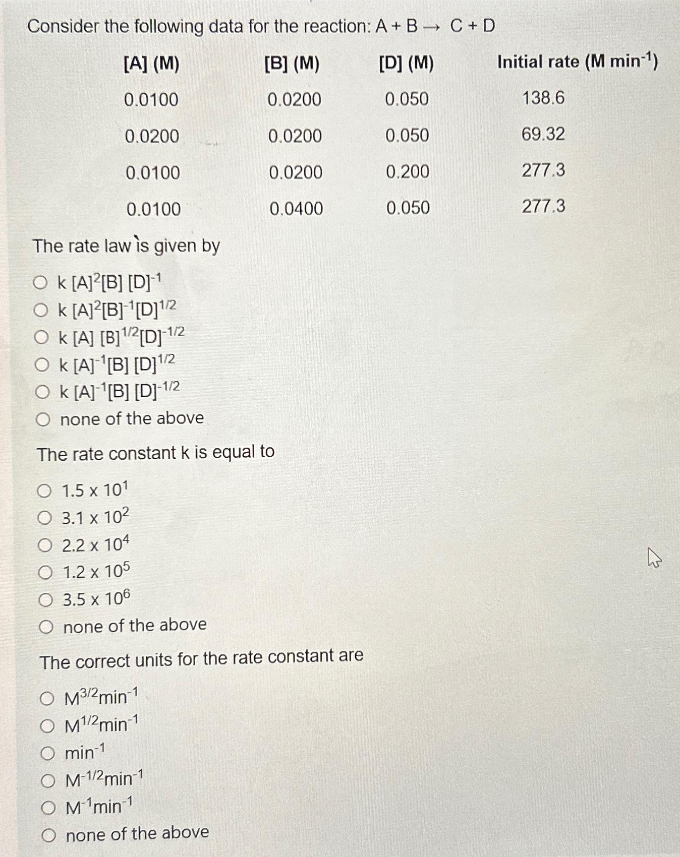  Consider the following data for the reaction: A+BC+D \table[[[A](M),[B](M),[D](M),Initial rate (Mmin-1)