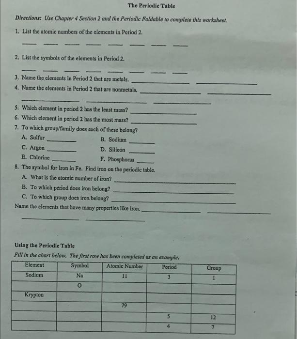  Directions: Use Chapter 4 Seetion 2 and the Periodic Foldable to