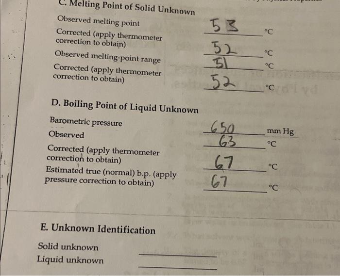 help with calculation C. Melting Point of Solid Innl... D. Boiling Point