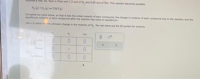  N2(g)+O2(g)=2NO(g) Compiete the table below, so that it lists the initial
