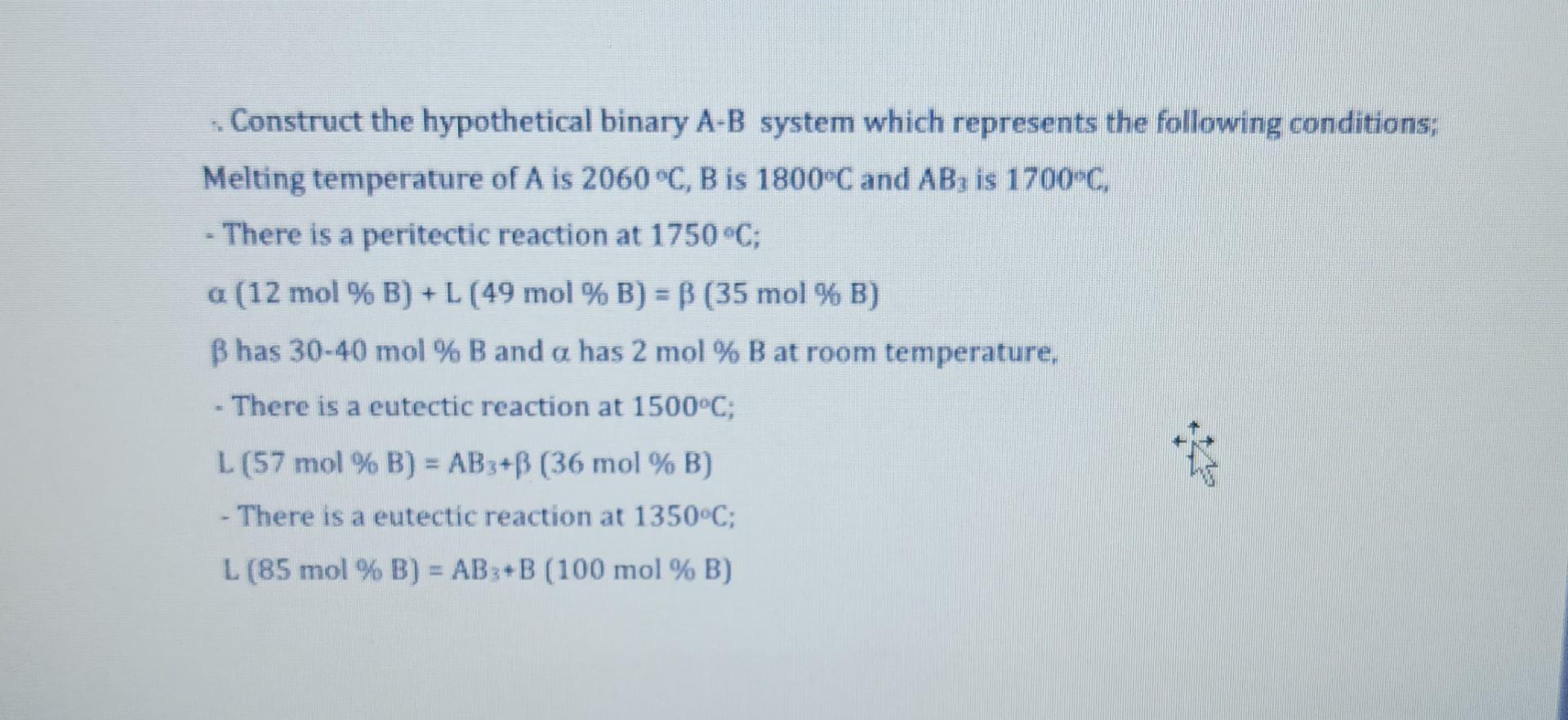  Construct the hypothetical binary A-B system which represents the following conditions;
