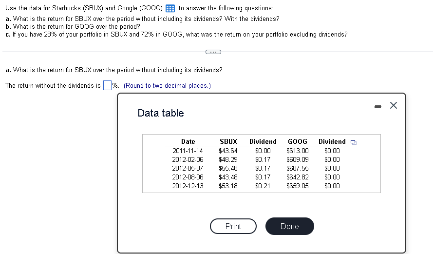 Use the data for Starbucks (SBUX) and Google (GOOG) B to