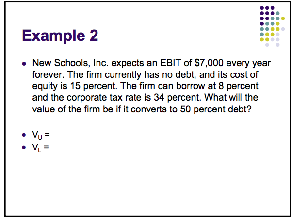  Example 2 . New Schools, Inc. expects an EBIT of $7,000