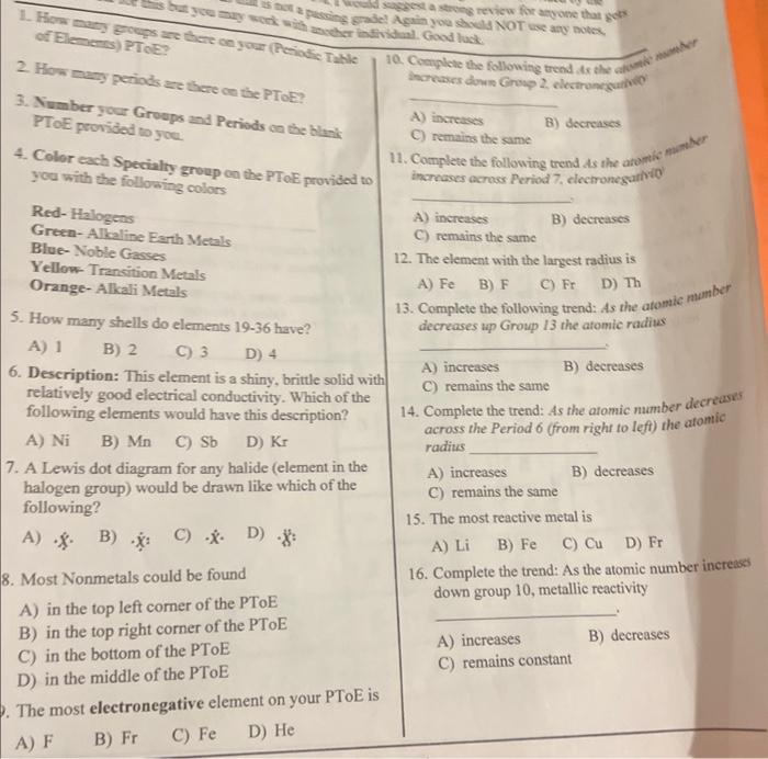 basic chem help. please explain every question with a explation which is