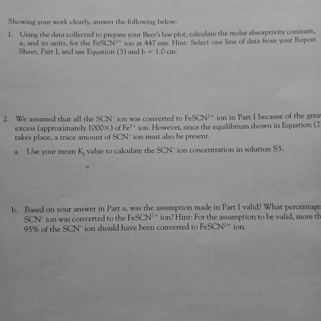 Plot (calibration) Solution [FeSCN2+1 (x-axis) Absorbance, A (at 447 nm) (y-axis) 0.130