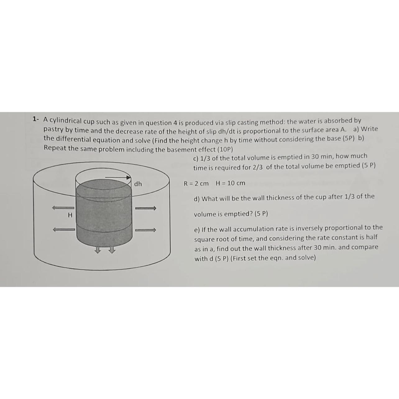  1- A cylindrical cup such as given in question 4 is