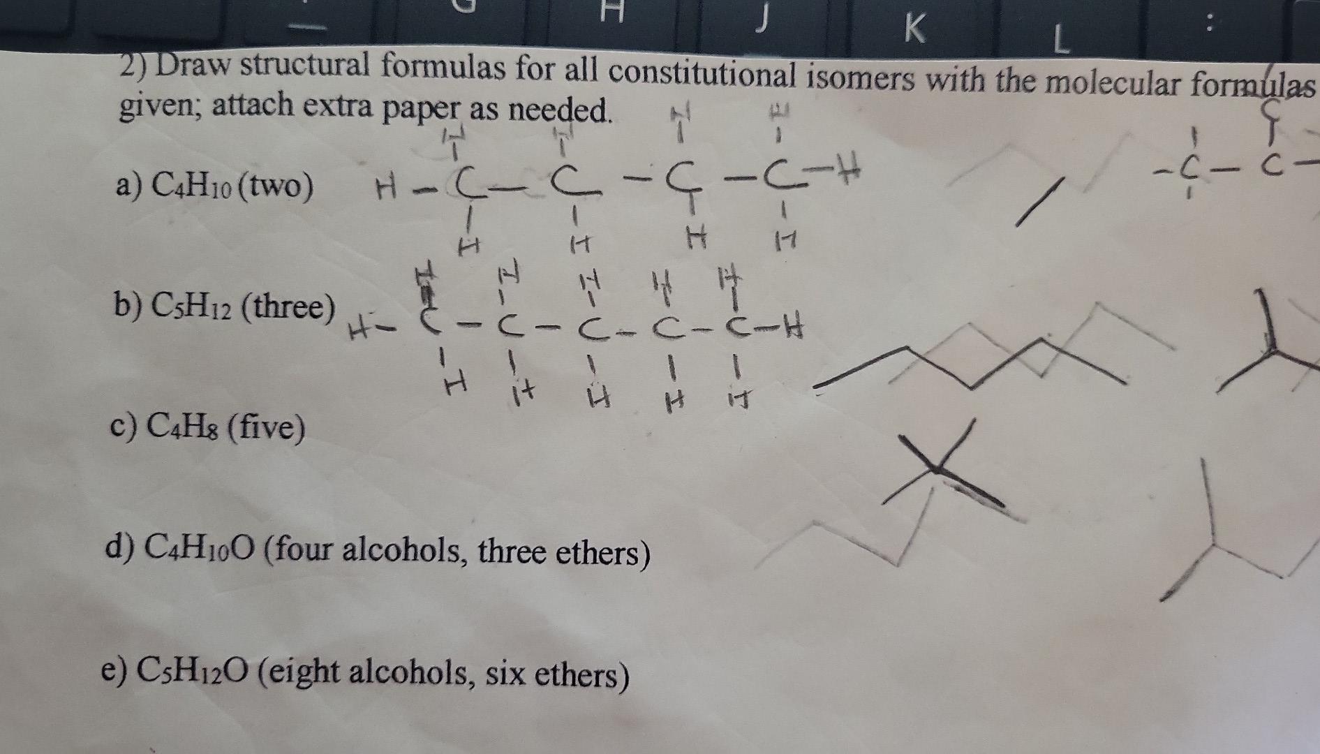 2) Draw structural formulas for all constitutional isomers with the molecular