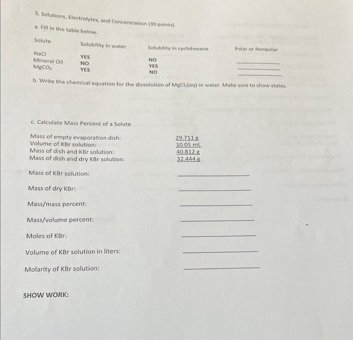 pls answer 5. Solutions, Electrolvtes, and Concentration (30 points). a. Fill in