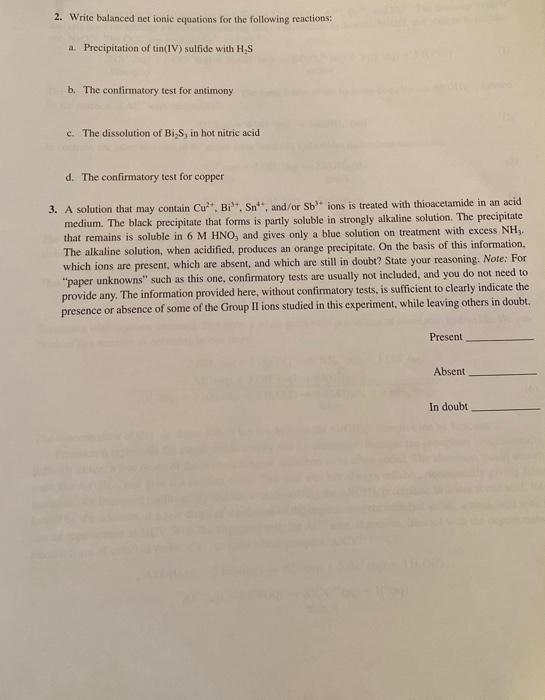  2. Write balanced net ionic equations for the following reactions: a.