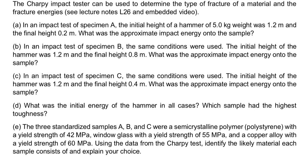 I need help with part e The Charpy impact tester can